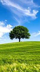Obraz premium Lush green field with lone tree under a vibrant blue sky
