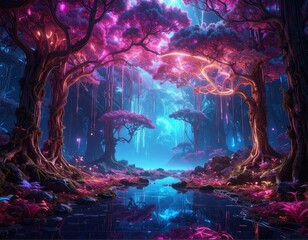 Surreal Neon Forest at Night with Glowing Trees and Calm Water