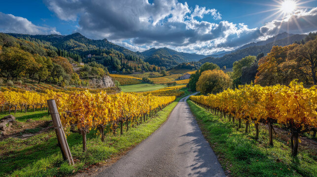 Scenic vineyard landscape with vibrant yellow grapevines lining a winding road, surrounded by rolling hills and a bright blue sky with fluffy clouds, showcasing autumn beauty and tranquility