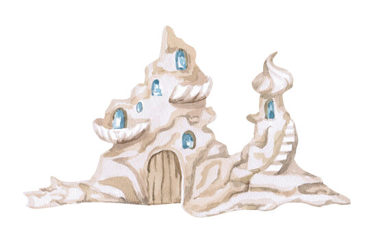 A fairytale underwater palace of the little mermaids. Isolated watercolor for children's printed illustrations, clothing printing, and interior design for themed parties and children's rooms.