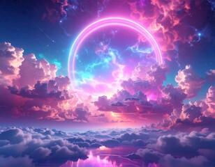 Surreal Neon Valley Landscape with Glowing Ring