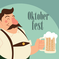 Smiling Mustached Man in Traditional Bavarian Lederhosen Holding Frothy Beer Mug at Oktoberfest Festival in Flat Vector Illustration