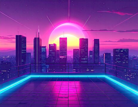 Synthwave Cityscape at Sunset: Glowing Pyramid and Neon Lights