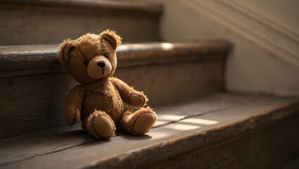Obraz premium Sentimental Worn Teddy Bear Sitting on Rustic Wooden Stairs, Soft Light, Melancholic Mood