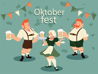 Colorful Vector Illustration of Oktoberfest Celebration with Characters in Traditional Bavarian Costumes Holding Beer Mugs
