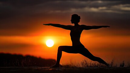 Silhouette of Serenity: A graceful figure practices a yoga pose against the backdrop of a breathtaking sunset, embracing the tranquility of mind and body