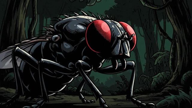 Giant animated fly with large red eyes standing in a dark mysterious forest Detailed cartoon style illustration of an insect in a spooky jungle environment