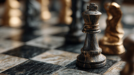 King piece stands prominently on a chess board, with other pieces nearby, ready for a game