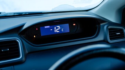 Modern Car Dashboard Display Showing Minus Twelve Degrees Celsius in Cold Winter Weather