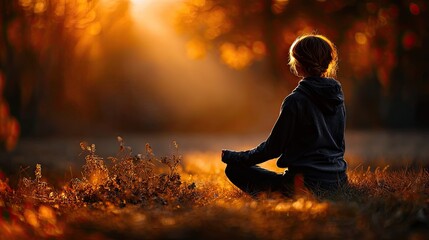 Finding Inner Peace: A solitary figure meditates peacefully in the golden light of a serene autumn setting, embodying mindfulness and tranquility.