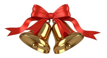 Golden christmas bells with a red ribbon bow, isolated on white background, symbolizing the holiday season and festive celebrations