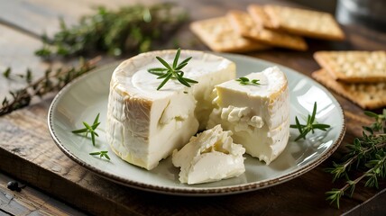 Fresh goat cheese on a plate with crackers and herbs, presented on a rustic wooden table, perfect for a gourmet appetizer