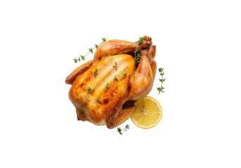 Expertly roasted golden-brown Cornish hen, crispy skin, thyme, lemon, on a white plate, isolated on a transparent background, 45-degree overhead view, appetizing gourmet food concept