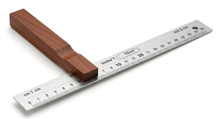 A precision carpenter’s square with a wooden handle and metal ruler, essential for measuring and marking right angles in woodworking, carpentry, construction, and layout tasks for accurate results.

