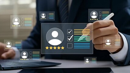 Digital HR Management & Talent Acquisition: Professional reviewing virtual profiles with stylus for performance evaluation and customer experience