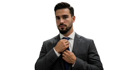 Confident businessman adjusting his tie