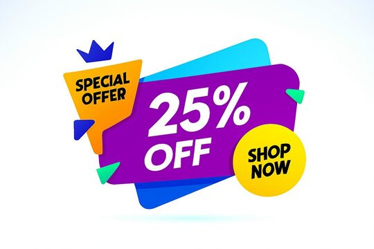 Brightly colored special offer banner announcing twenty five percent off with shop now call to action