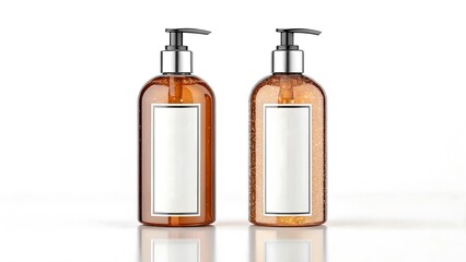 Fototapeta premium Amber pump dispenser bottles with blank label for cosmetic skincare packaging design on white background 