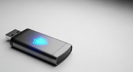 Secure data storage concept with a USB flash drive displaying a glowing blue shield icon, representing robust digital protection and privacy for sensitive information and modern technology