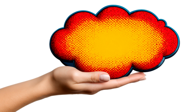 Hand Holding a Colorful Speech Bubble with Halftone Effect Isolate on Transparent Background, cutout, png