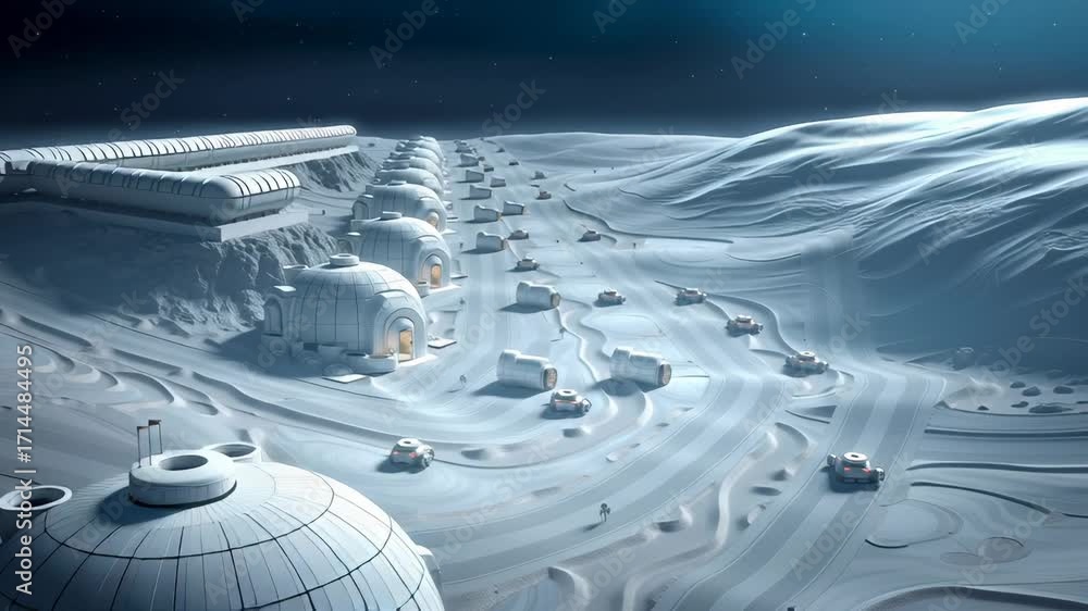Poster advanced scientific outpost with modular white architecture integrated into lunar terrain, featuring
