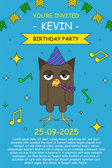 Kids Birthday Invitation flyer design. Vector illustration of Birthday Invitation card with cute owl in Birth hat and holiday ribbon. Birth poster layout with typography. EPS 10
