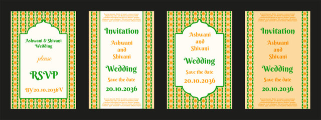 Wedding Invitation card collection. Vector illustration of indian floral Mughal frame Wedding Invitation poster with typography. Wedding flyer in indian style. EPS 10