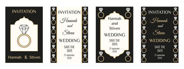 Wedding Invitation card collection. Vector illustration of elegant black poster with gold ring Wedding Invitation typography collection. Wedding flyer in arabic islamic style. EPS 10