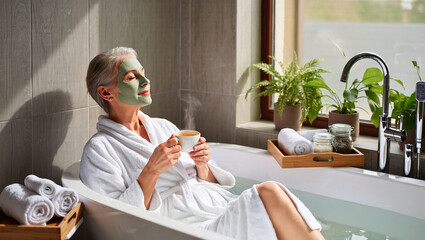 A senior woman with a face mask lies in a bathtub, holding a cup of tea. The image captures a serene moment of self-care and relaxation in a clean, modern bathroom.