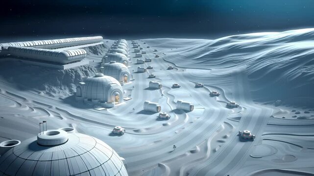 Advanced scientific outpost with modular white architecture integrated into lunar terrain, featuring geodesic habitat dome, autonomous robotic exploration vehicles traversing rocky landscape
