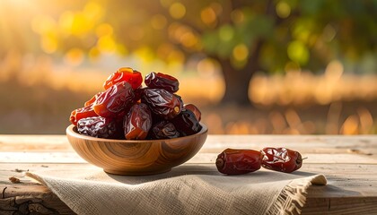 Dried dates in a wooden bowl outdoors