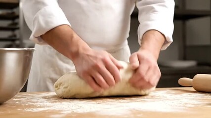 Skilled baker kneading dough with expert hands in a professional kitchen, creating delicious bread. - Powered by Adobe