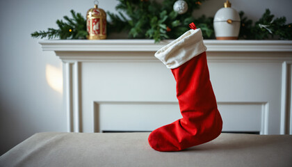 Obraz premium Red Christmas stocking hanging on mantelpiece with holiday decor 