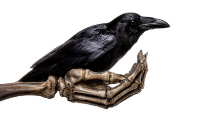 Obraz premium Raven Perched on Skeletal Hand in Dark Fantasy Aesthetic Isolate on Transparent Background, cutout, png