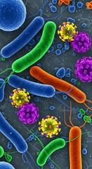 High-powered microscopic view of vibrant colored bacteria and viruses, showcasing intricate details of microbial life.