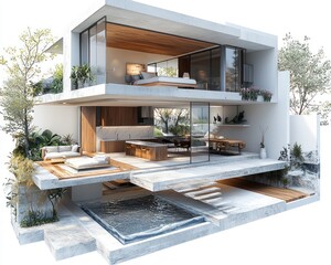 Modern house sectional view, showcasing interior design