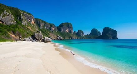 Fototapeta premium Stunning Tropical Beach Paradise with Turquoise Waters and Dramatic Limestone Cliffs under a Clear Blue Sky