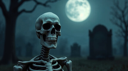 Spooky graveyard scene of skeleton in cemetery at night backdrop background with space for text overlay