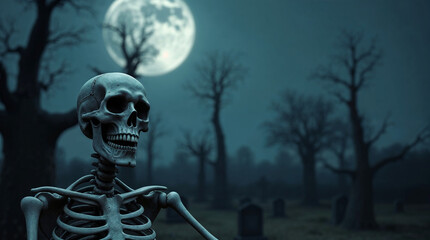 Spooky graveyard scene of skeleton in cemetery at night backdrop background with space for text overlay
