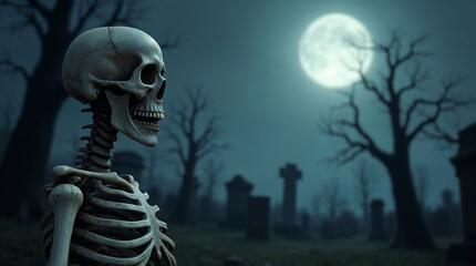 Spooky graveyard scene of skeleton in cemetery at night backdrop background with space for text overlay