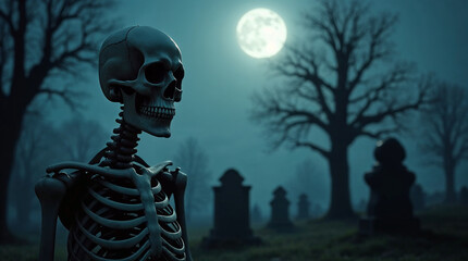 Spooky graveyard scene of skeleton in cemetery at night backdrop background with space for text overlay