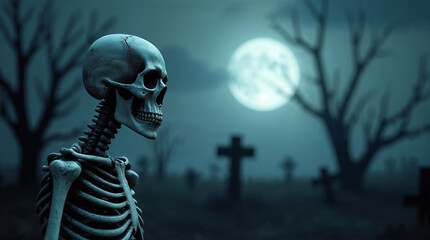 Spooky graveyard scene of skeleton in cemetery at night backdrop background with space for text overlay