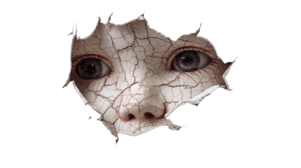 Cracked face emerging from darkness isolated on transparent background