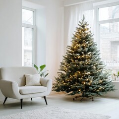 Minimalist Christmas tree with simple white lights adds festive elegance to a bright, airy living room in a 4-giga-standard v2-4x holiday setting.