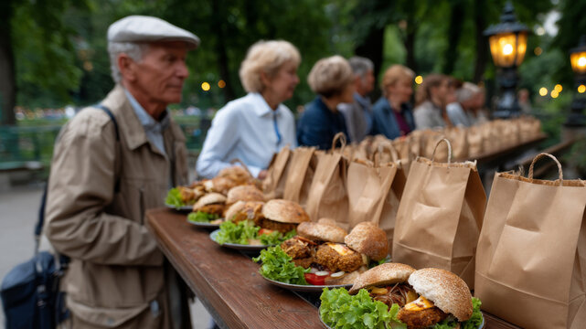 Elderly man in a beige coat stands in line at an outdoor food event, with a table filled with delicious burgers and fresh greens, showcasing community dining experience - Powered by Adobe