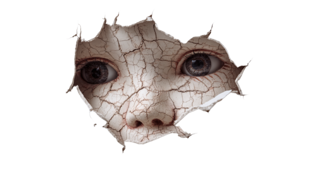 Cracked face emerging from darkness isolated on transparent background