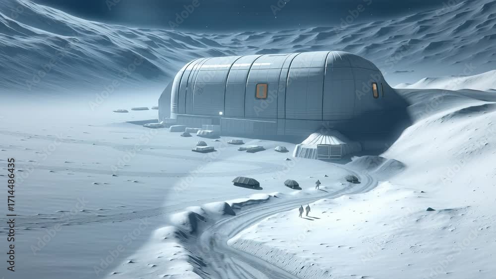 Poster advanced research station with cylindrical habitat positioned on rugged lunar surface. robotic explo