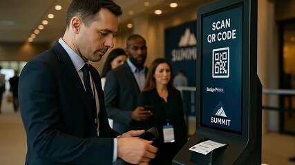 Professional man scanning QR code at event check-in kiosk for digital registration - Powered by Adobe