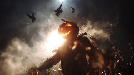 Fototapeta premium Spooky Halloween scarecrow portrait in a foggy cornfield at night, rustic straw hat and tattered clothes under moody low key lighting for autumn harvest, eerie rural horror atmosphere