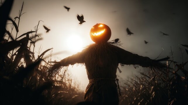Dramatic Halloween portrait shot of a spooky scarecrow in a dark autumn field, with moody low key lighting and eerie atmosphere ideal for seasonal promotions, horror themes, and fall marketing visuals
